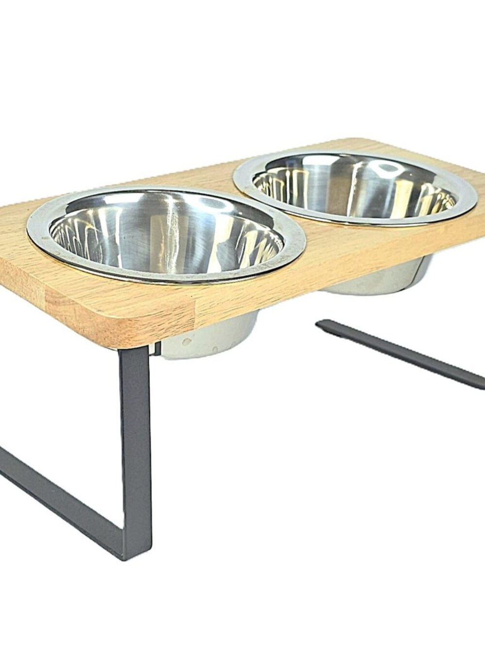 Elevated Double Cat Dog Bowls Wooden 15° Tilted Raised Stand Stainless Steel